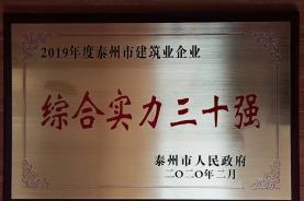 集团公司荣获“2019年度泰州市建筑业企业综合实力三十强”称号